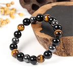 3 Protections Bracelet with 10mm Tiger Eye, Hematite & Black Obsidian - Karoo Earth