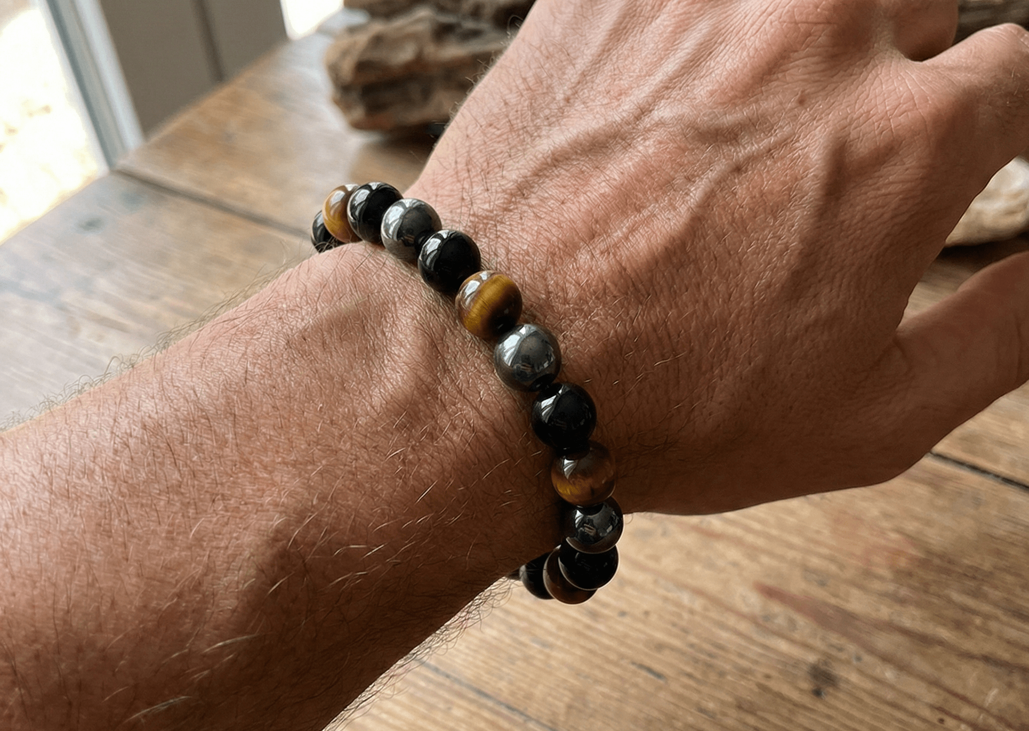 3 Protections Bracelet with 10mm Tiger Eye, Hematite & Black Obsidian - Karoo Earth