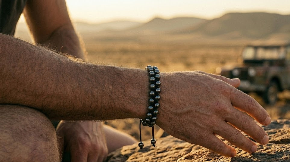 Person's hand wearing a bracelet with a desert landscape and jeep in the background