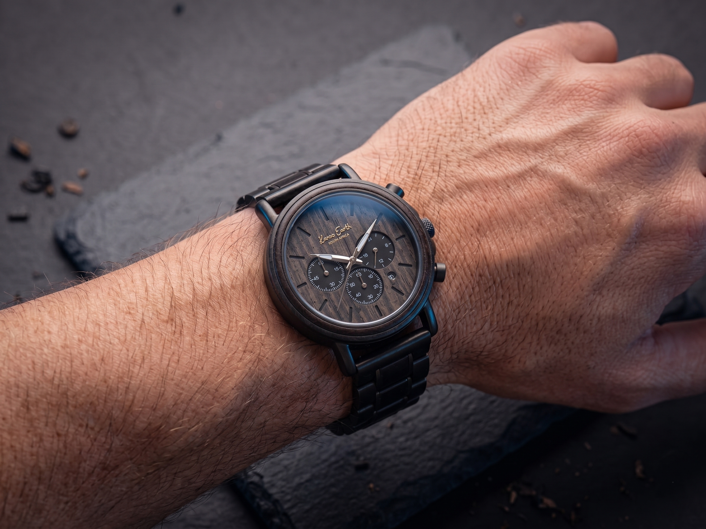 The Ebony and Gun Metal Steel Karoo Earth Chronograph Wooden Watch
