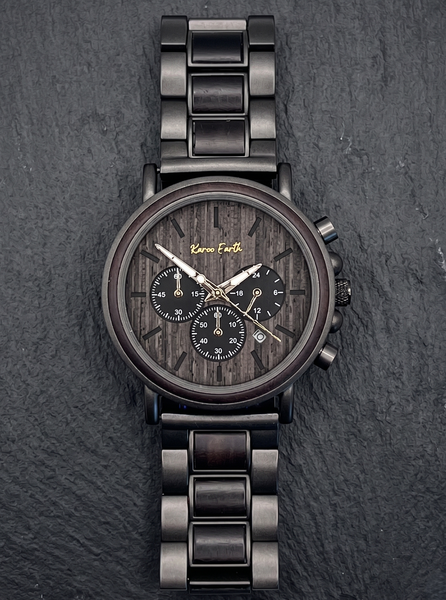 The Ebony and Gun Metal Steel Karoo Earth Chronograph Wooden Watch