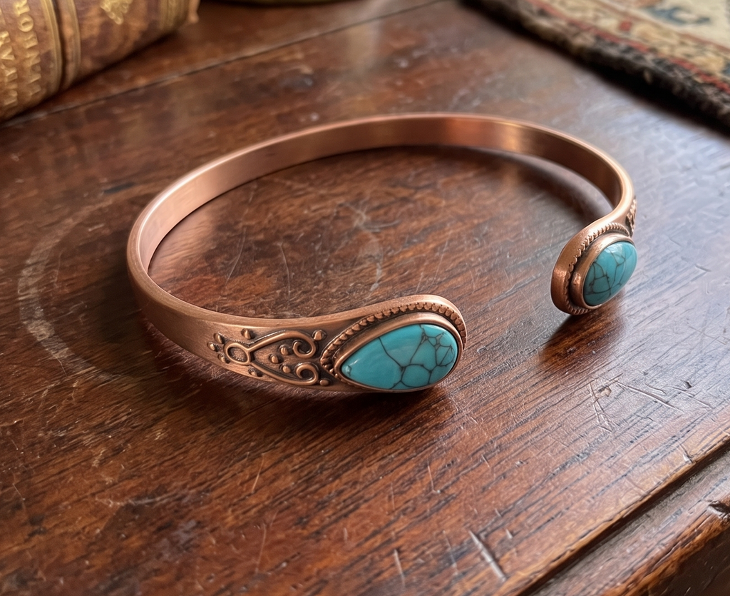 Ladies Elegant Turquoise Antique Pure Copper Bracelet