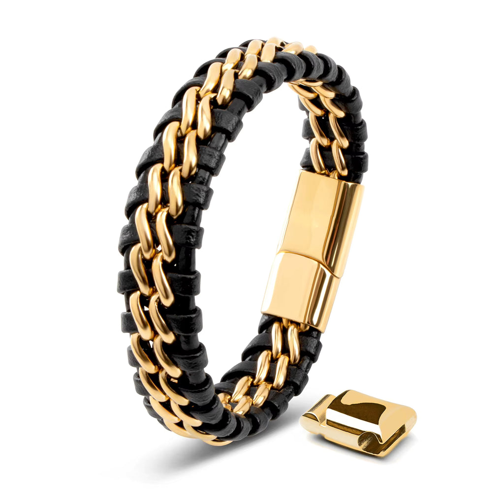 Men's Genuine Leather bracelet with Gold Stainless Steel Thread