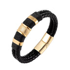 Black & Gold Woven Leather Bracelet with Magnetic Clasp