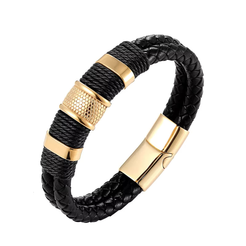 Black & Gold Woven Leather Bracelet with Magnetic Clasp