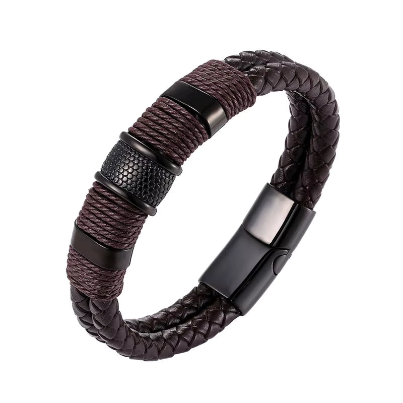 Brown Woven Leather Bracelet with Magnetic Clasp