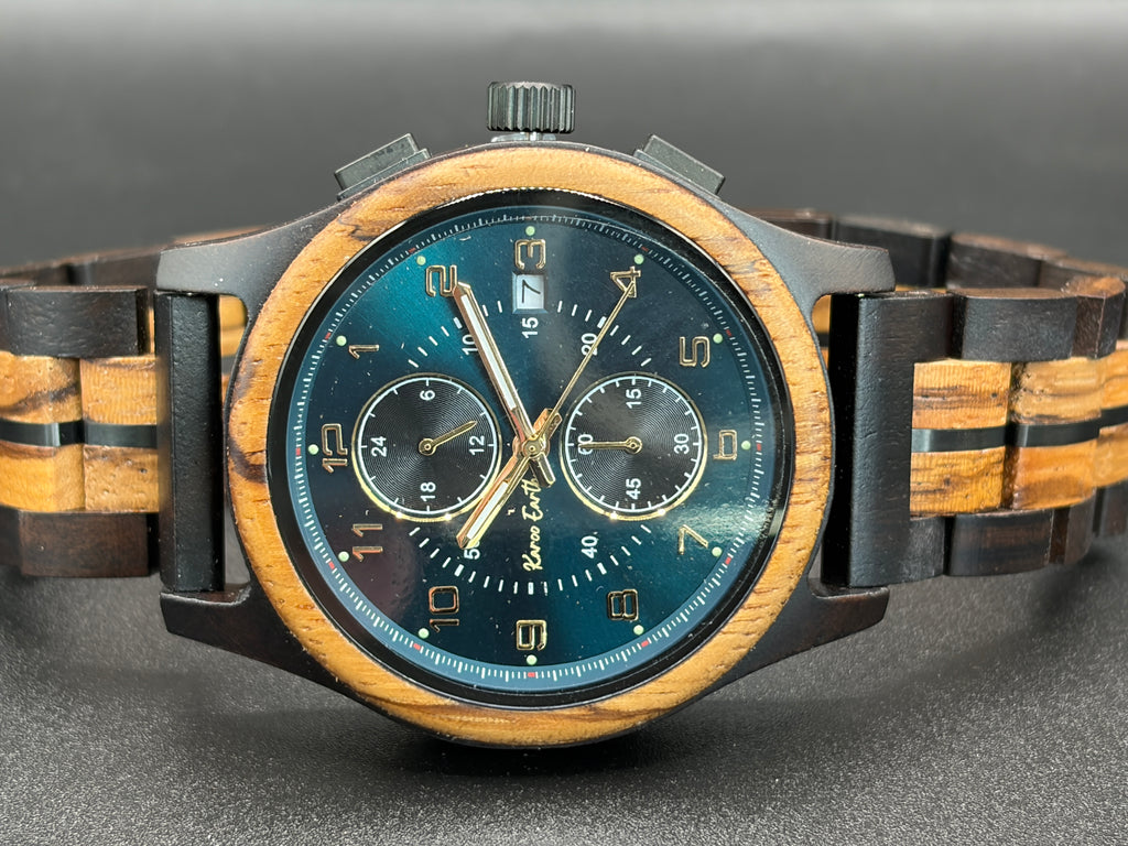 The Blue Face Zebrawood Karoo Earth Chronograph Wooden Watch