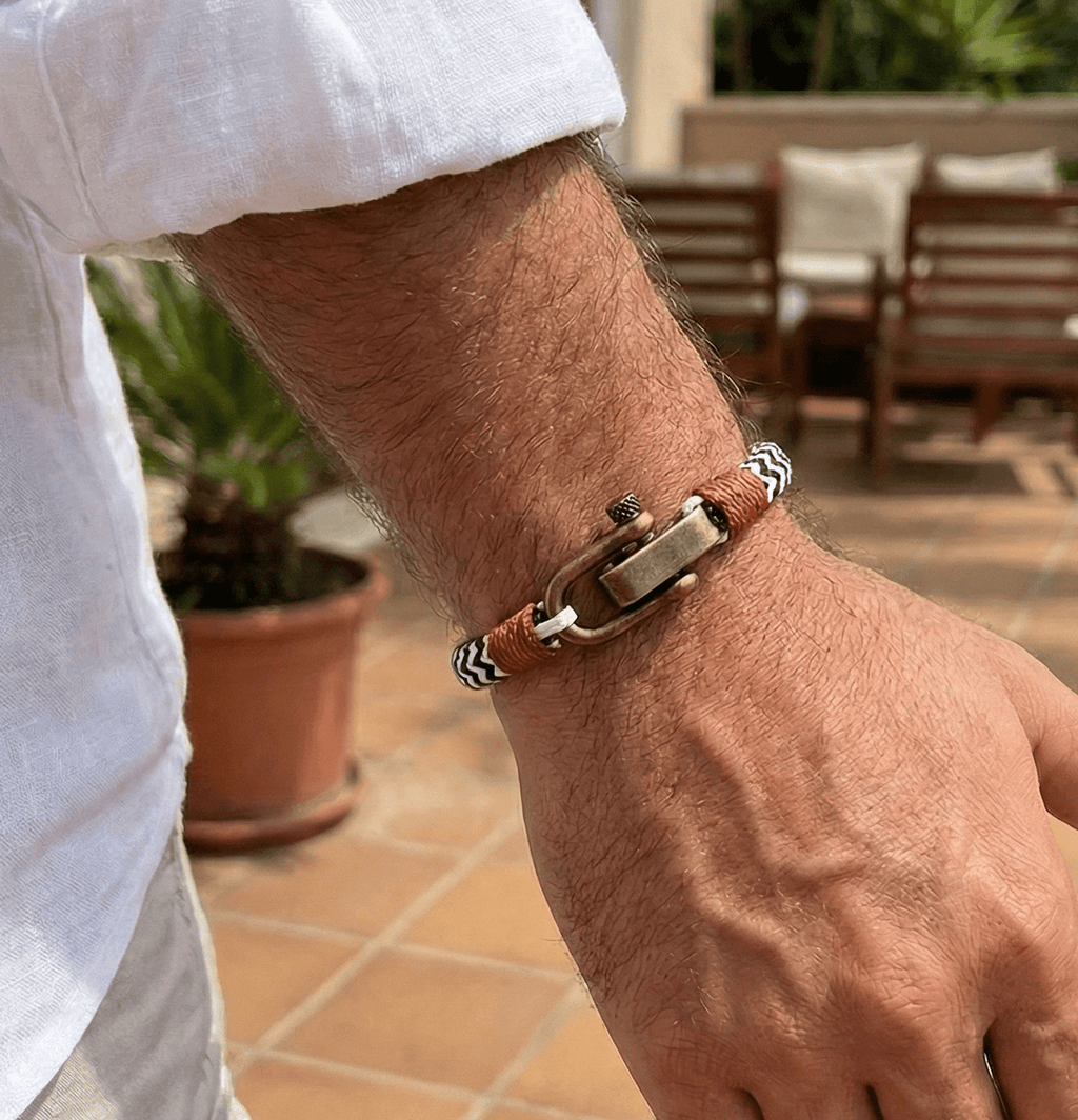 Adjustable Navy Black & White Zig - Zag with Brown Detail Copper D - Shackle Clasp Nautical Rope Bracelet - Karoo Earth