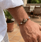 Adjustable Navy Black & White Zig - Zag with Brown Detail Copper D - Shackle Clasp Nautical Rope Bracelet - Karoo Earth