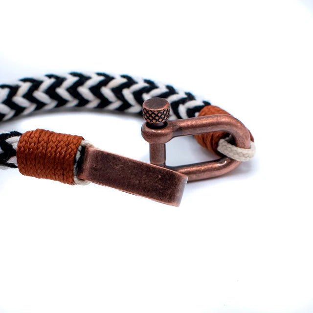 Adjustable Navy Black & White Zig - Zag with Brown Detail Copper D - Shackle Clasp Nautical Rope Bracelet - Karoo Earth