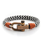 Adjustable Navy Black & White Zig - Zag with Brown Detail Copper D - Shackle Clasp Nautical Rope Bracelet - Karoo Earth