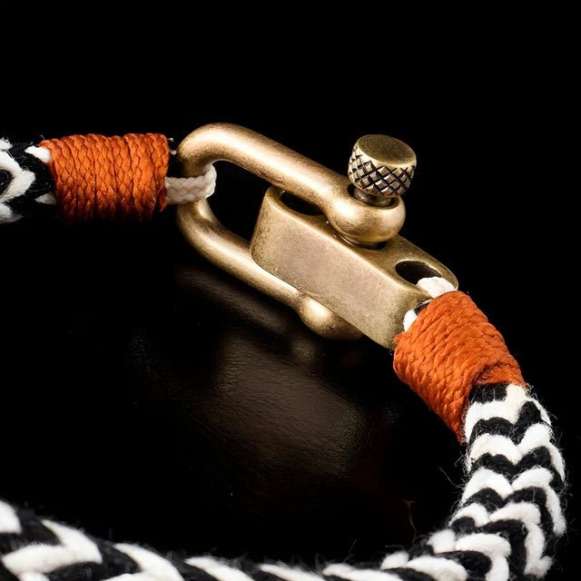Adjustable Navy Black & White Zig - Zag with Brown Detail Copper D - Shackle Clasp Nautical Rope Bracelet - Karoo Earth
