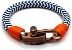 Adjustable Navy Blue & White Zig - Zag with Orange Detail Copper D - Shackle Clasp Nautical Rope Bracelet - Karoo Earth