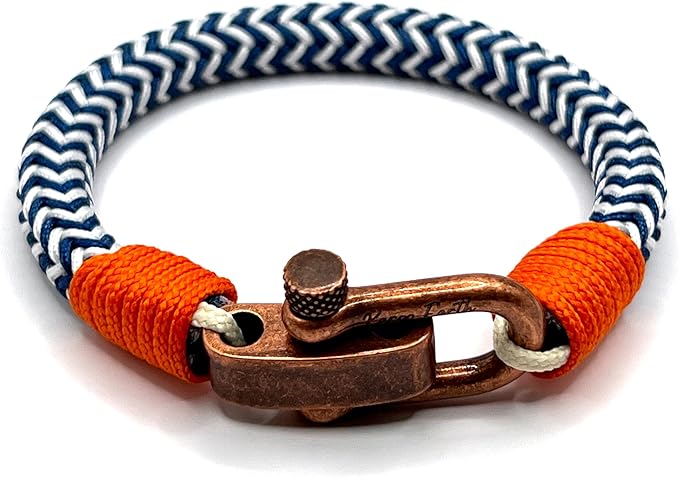 Adjustable Navy Blue & White Zig - Zag with Orange Detail Copper D - Shackle Clasp Nautical Rope Bracelet - Karoo Earth