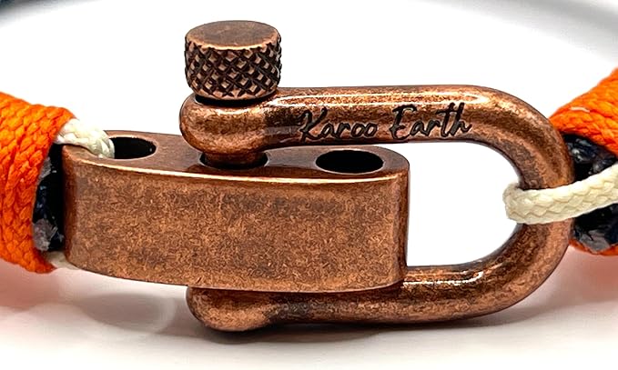 Adjustable Navy Blue & White Zig - Zag with Orange Detail Copper D - Shackle Clasp Nautical Rope Bracelet - Karoo Earth