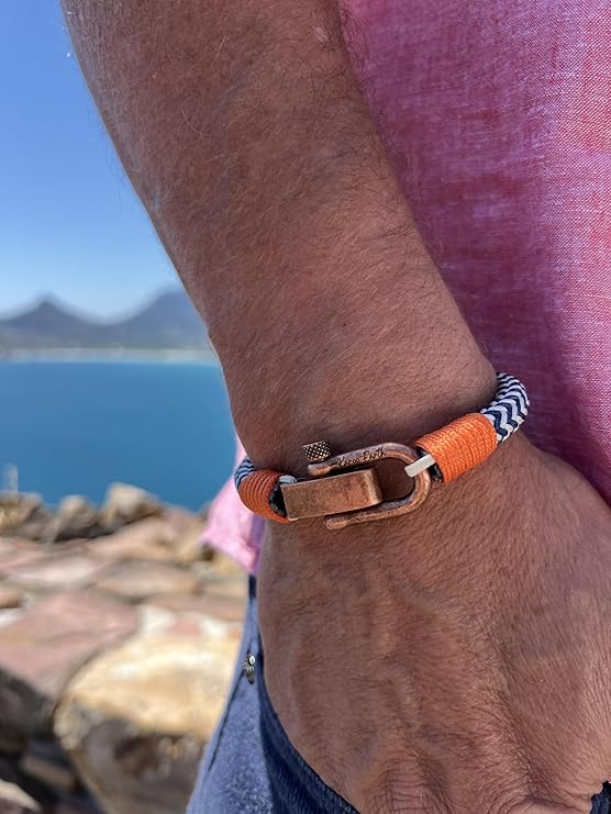 Adjustable Navy Blue & White Zig - Zag with Orange Detail Copper D - Shackle Clasp Nautical Rope Bracelet - Karoo Earth