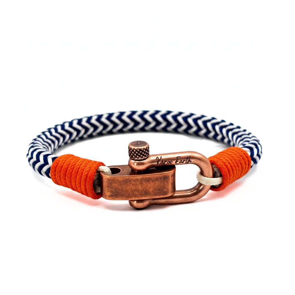 Adjustable Navy Blue & White Zig - Zag with Orange Detail Copper D - Shackle Clasp Nautical Rope Bracelet - Karoo Earth