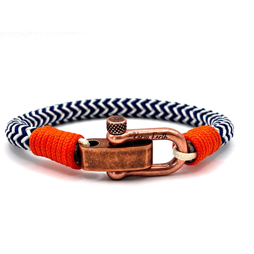 Adjustable Navy Blue & White Zig - Zag with Orange Detail Copper D - Shackle Clasp Nautical Rope Bracelet - Karoo Earth
