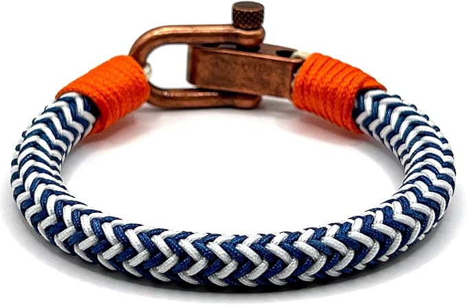 Adjustable Navy Blue & White Zig - Zag with Orange Detail Copper D - Shackle Clasp Nautical Rope Bracelet - Karoo Earth