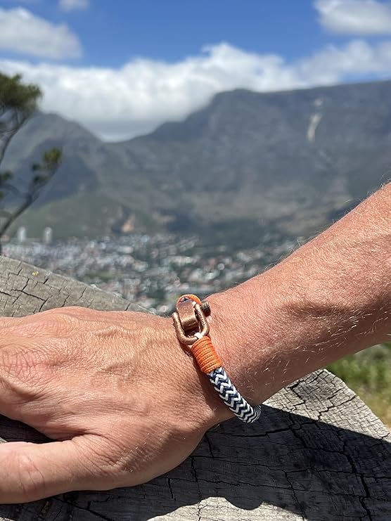 Adjustable Navy Blue & White Zig - Zag with Orange Detail Copper D - Shackle Clasp Nautical Rope Bracelet - Karoo Earth