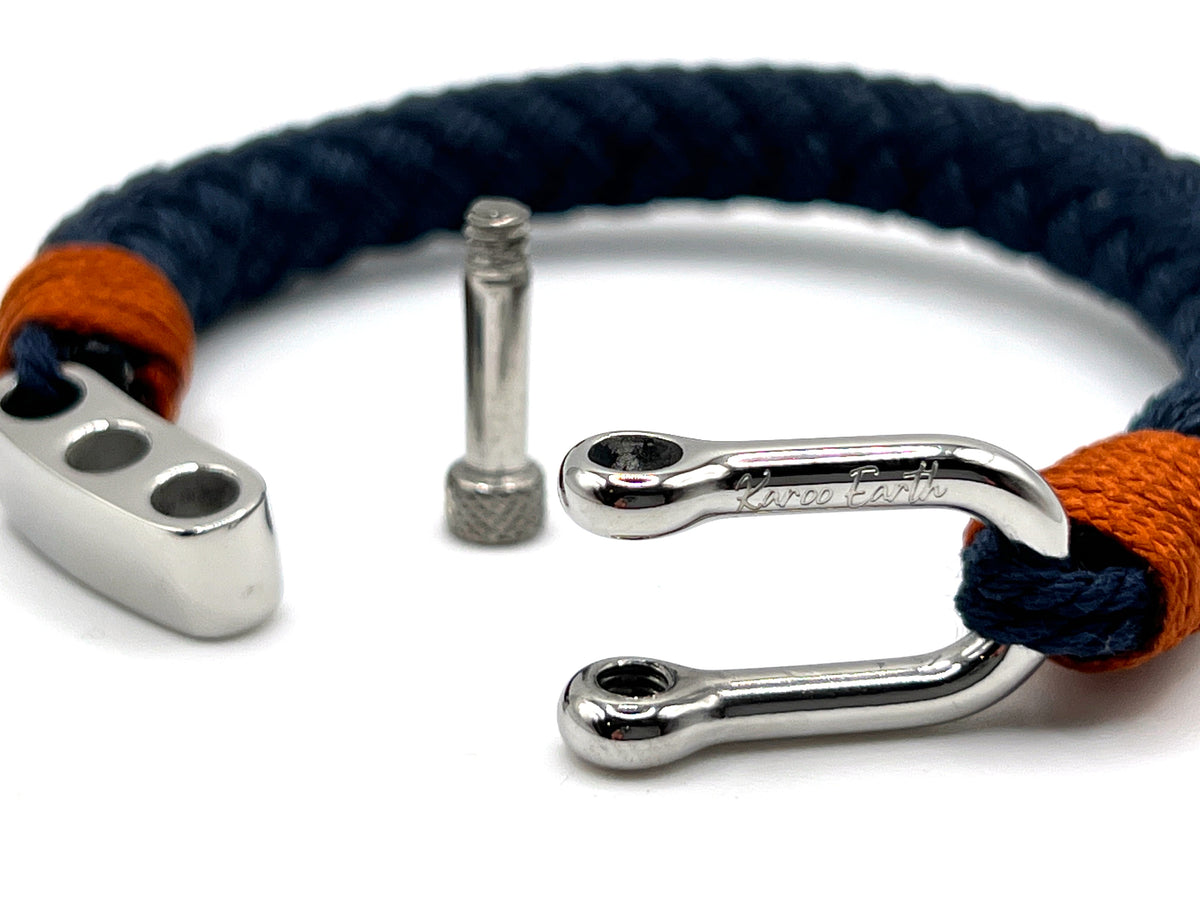 Adjustable Navy Blue with Brown Detail Steel D-Shackle Clasp Nautical Rope Bracelet - Karoo Earth