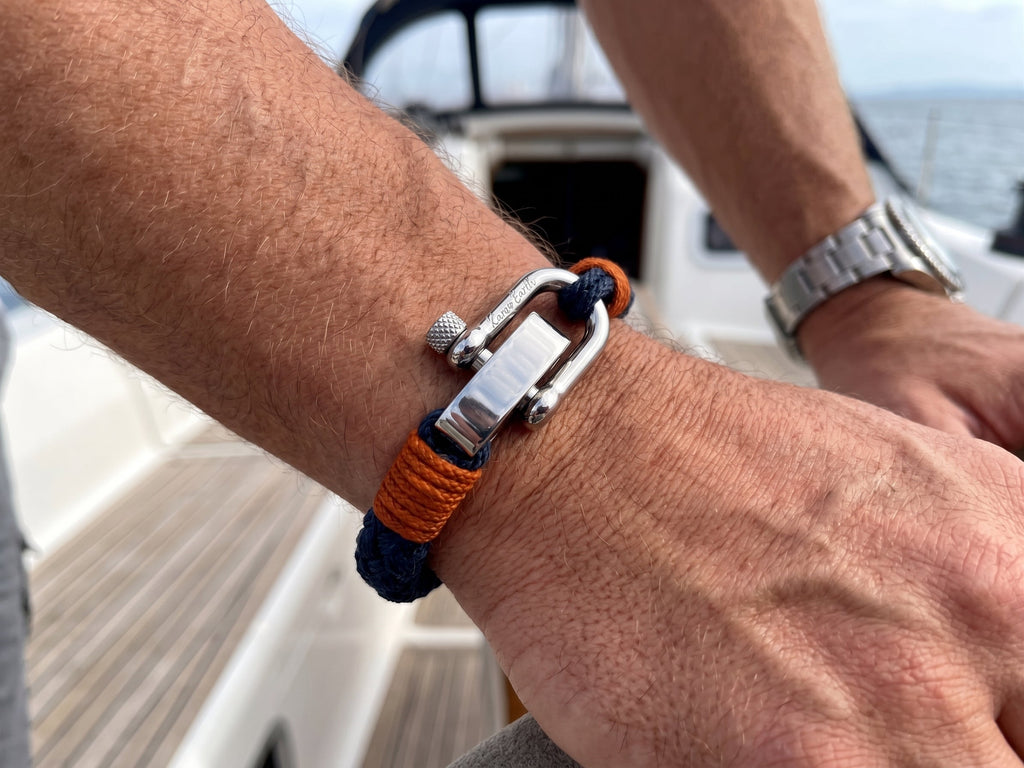 Adjustable Navy Blue with Brown Detail Steel D-Shackle Clasp Nautical Rope Bracelet - Karoo Earth
