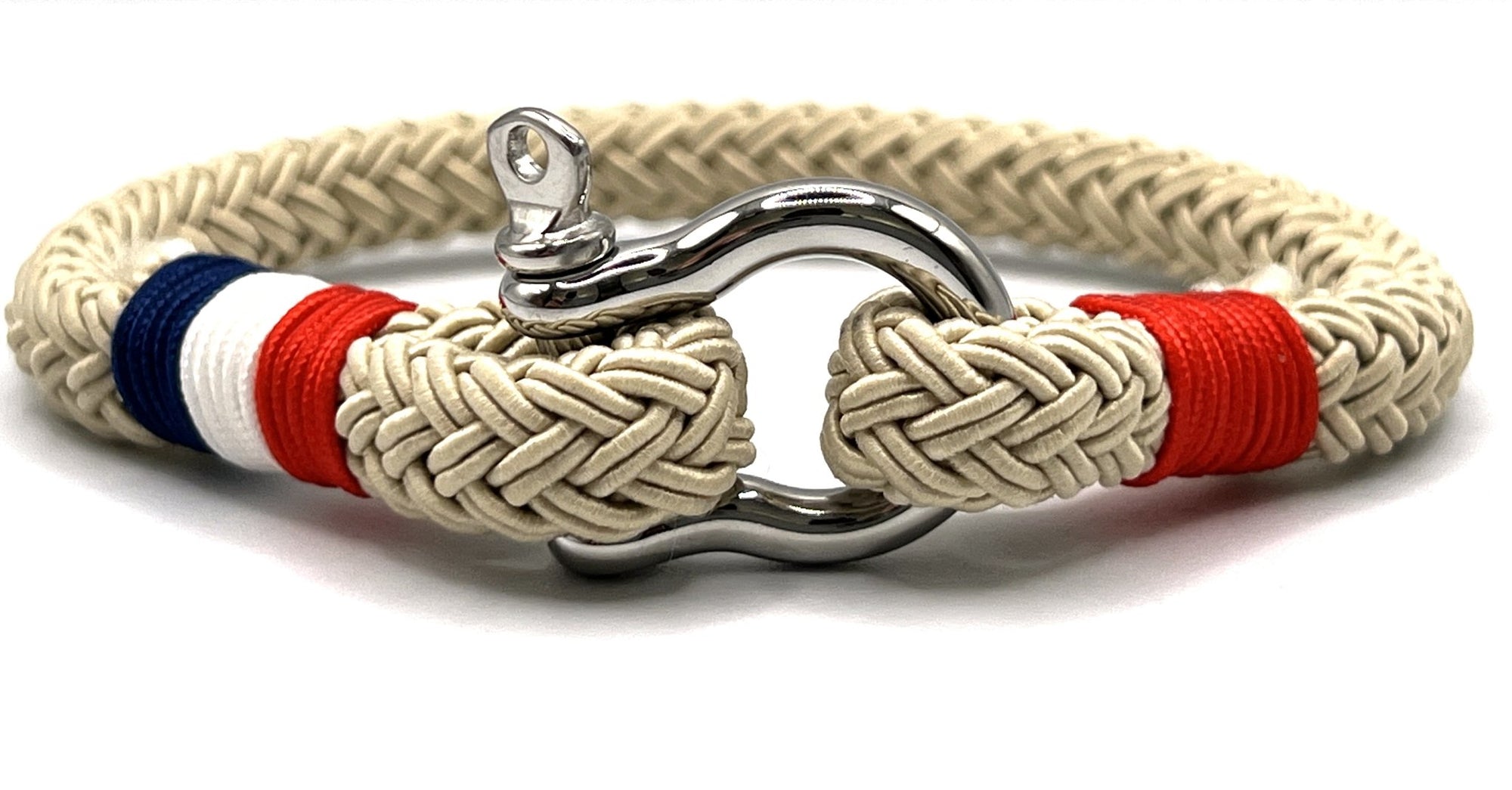 Beige with Red, White and Blue French Accent Stainless Steel Shackle Bracelet - Karoo Earth