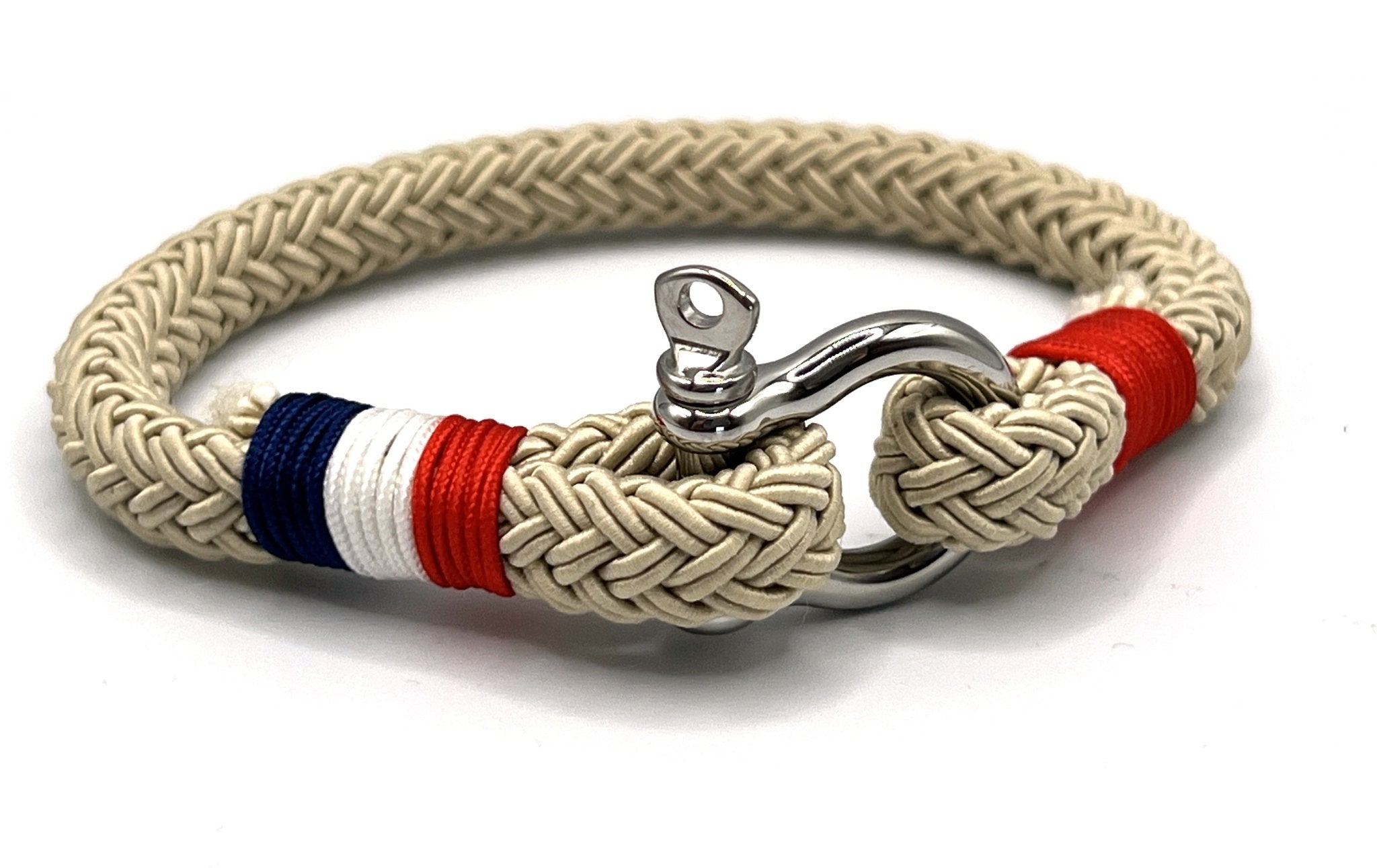 Beige with Red, White and Blue French Accent Stainless Steel Shackle Bracelet - Karoo Earth