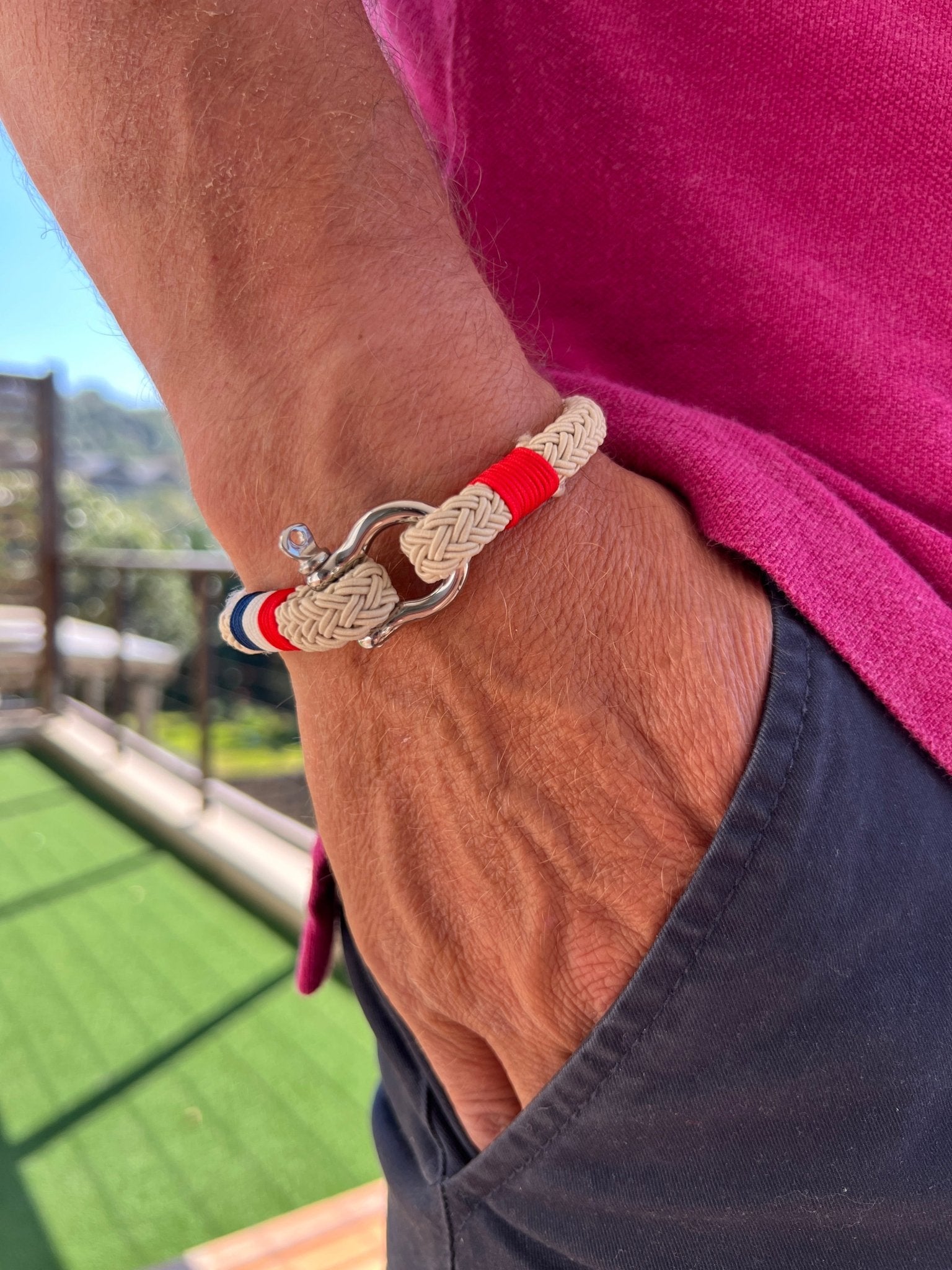 Beige with Red, White and Blue French Accent Stainless Steel Shackle Bracelet - Karoo Earth
