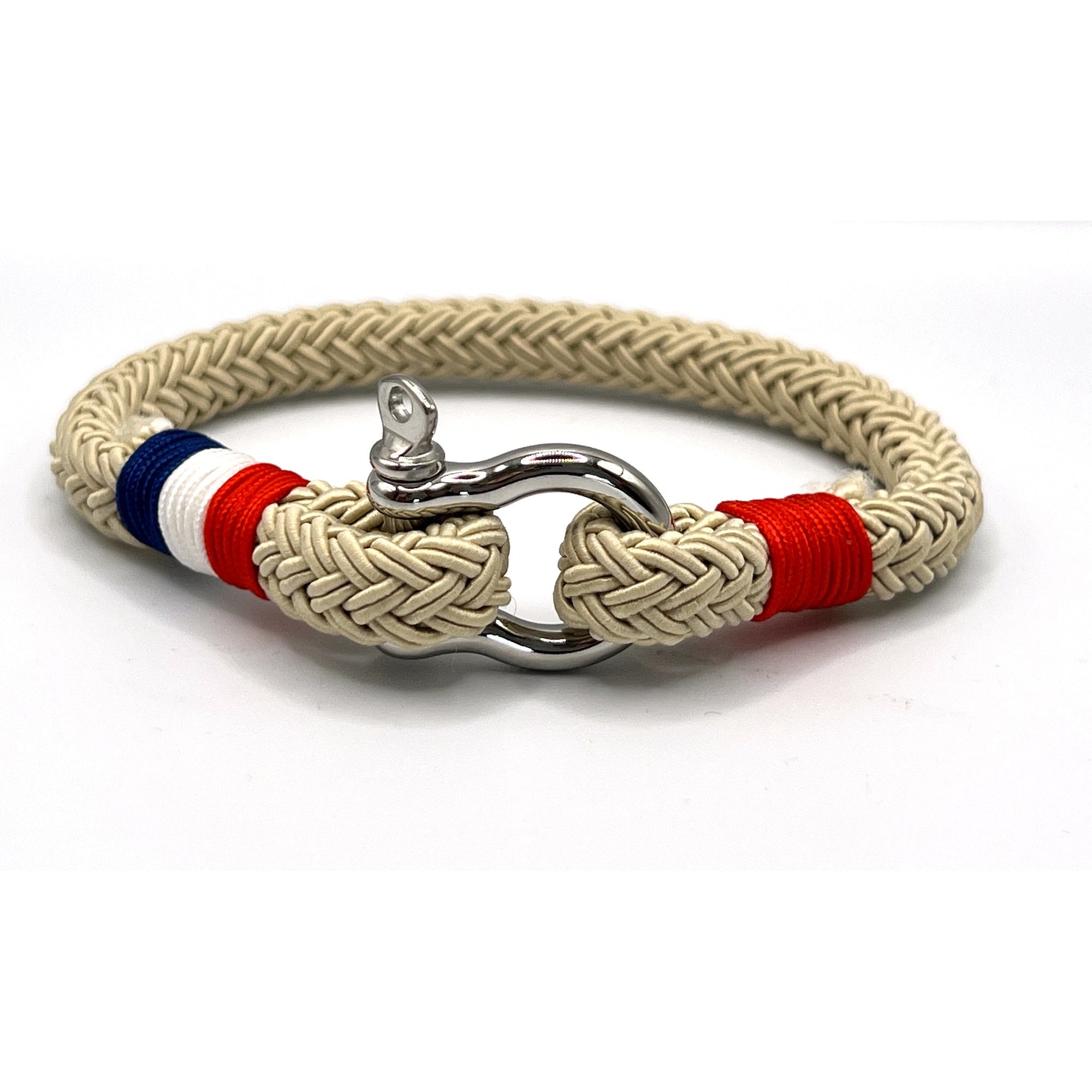 Beige with Red, White and Blue French Accent Stainless Steel Shackle Bracelet - Karoo Earth