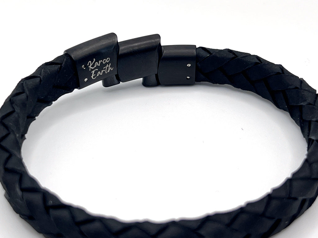 Black Braided Italian Leather Bracelet with Matt Black Stainless Steel Magnetic Clasp + Extender Link - Karoo Earth