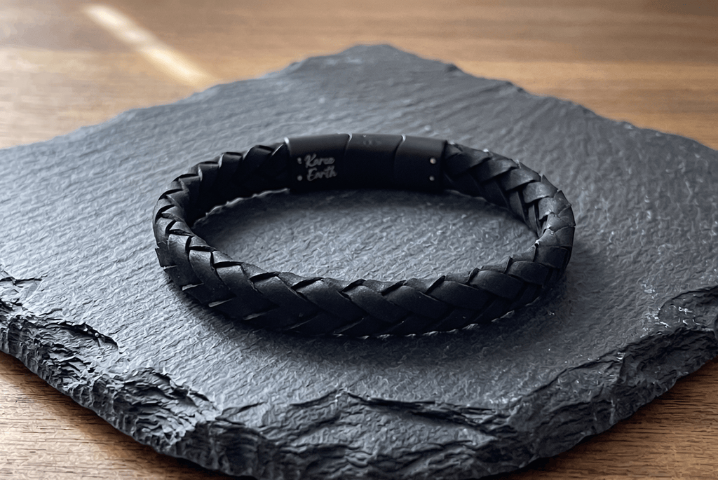 Black Braided Italian Leather Bracelet with Matt Black Stainless Steel Magnetic Clasp + Extender Link - Karoo Earth