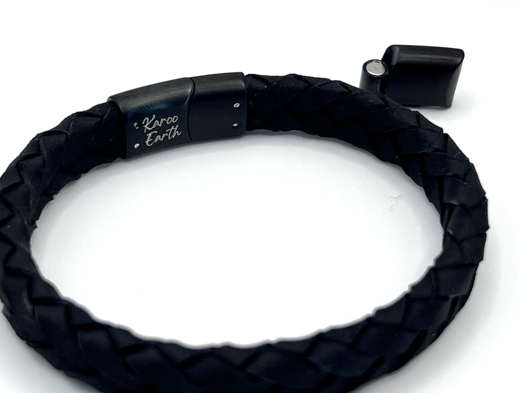 Black Braided Italian Leather Bracelet with Matt Black Stainless Steel Magnetic Clasp + Extender Link - Karoo Earth