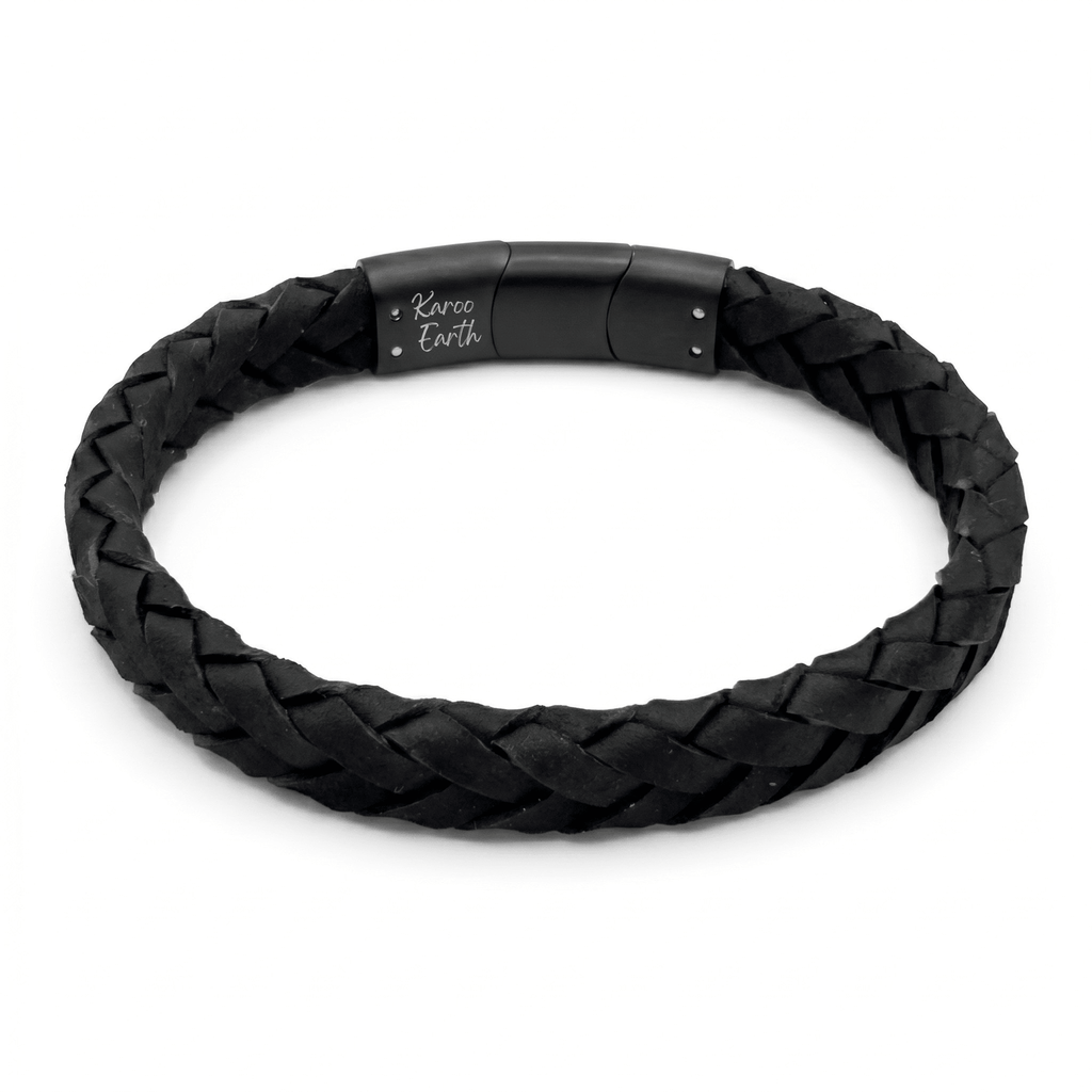 Black Braided Italian Leather Bracelet with Matt Black Stainless Steel Magnetic Clasp + Extender Link - Karoo Earth