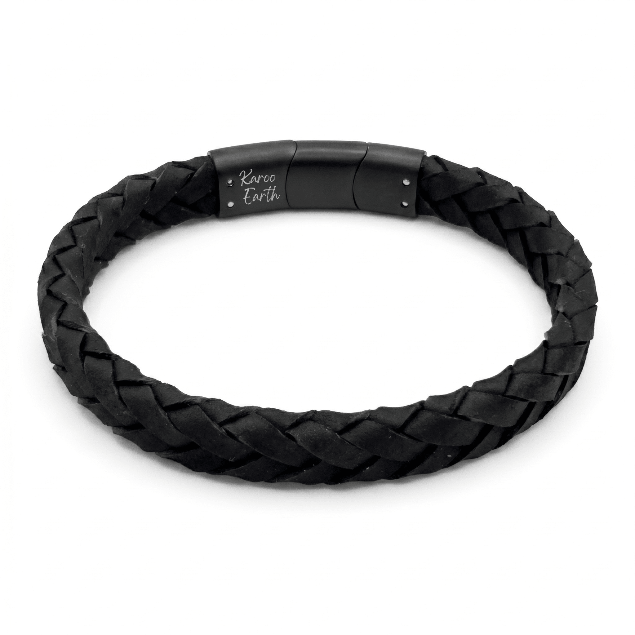 Black Braided Italian Leather Bracelet with Matt Black Stainless Steel Magnetic Clasp + Extender Link - Karoo Earth