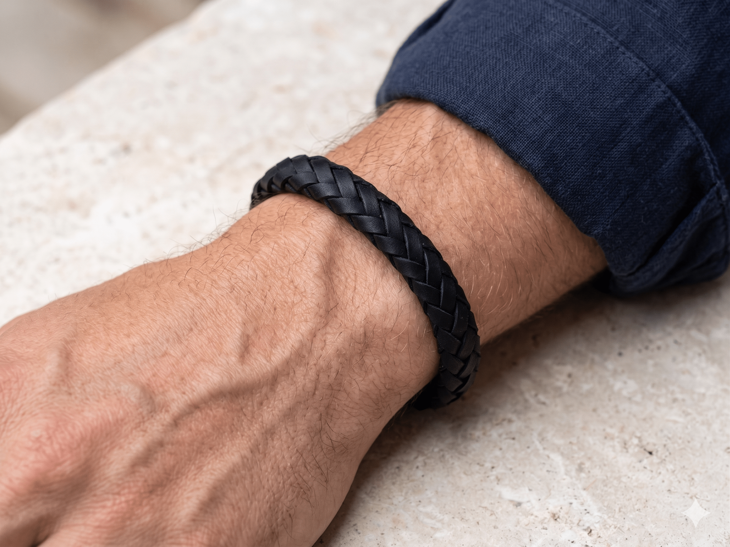 Black Braided Italian Leather Bracelet with Matt Black Stainless Steel Magnetic Clasp + Extender Link - Karoo Earth