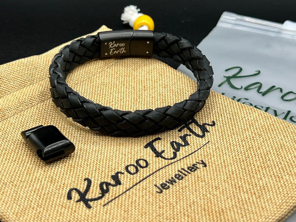 Black Braided Italian Leather Bracelet with Stainless Steel Magnetic Clasp + Extender Link - Karoo Earth