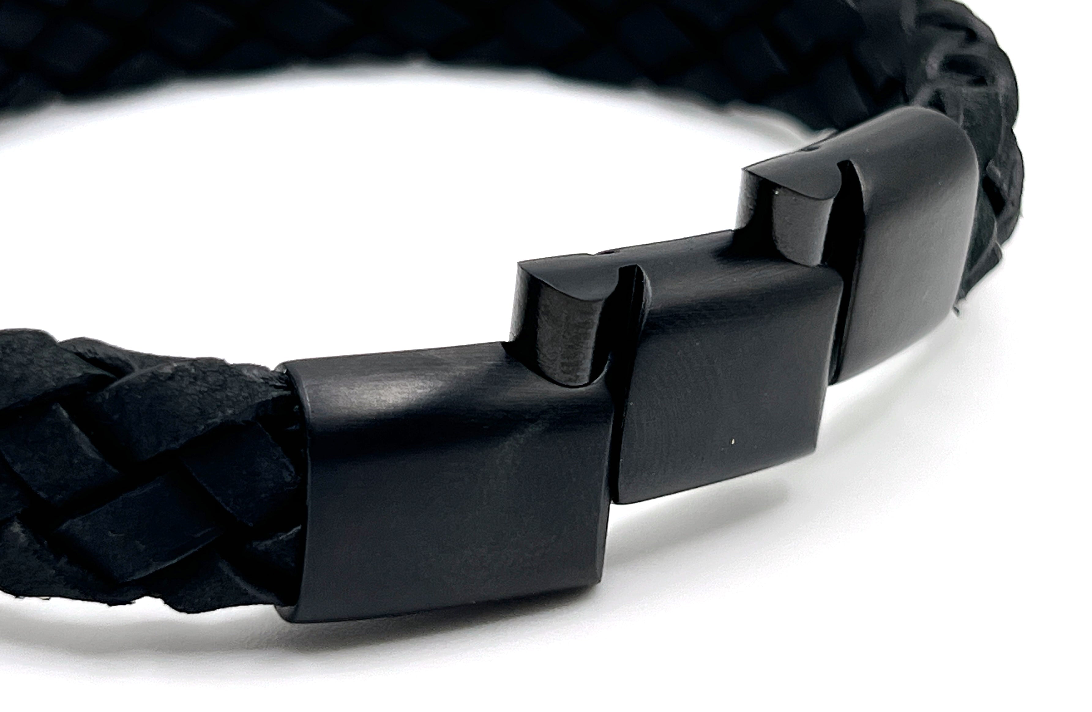 Black Braided Italian Leather Bracelet with Stainless Steel Magnetic Clasp + Extender Link - Karoo Earth