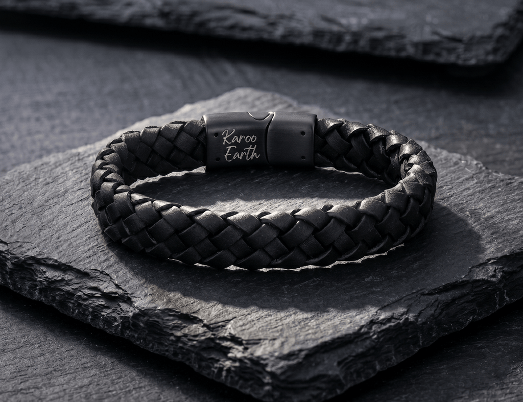 Black Braided Italian Leather Bracelet with Stainless Steel Magnetic Clasp + Extender Link - Karoo Earth