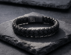 Black Braided Italian Leather Bracelet with Stainless Steel Magnetic Clasp + Extender Link - Karoo Earth