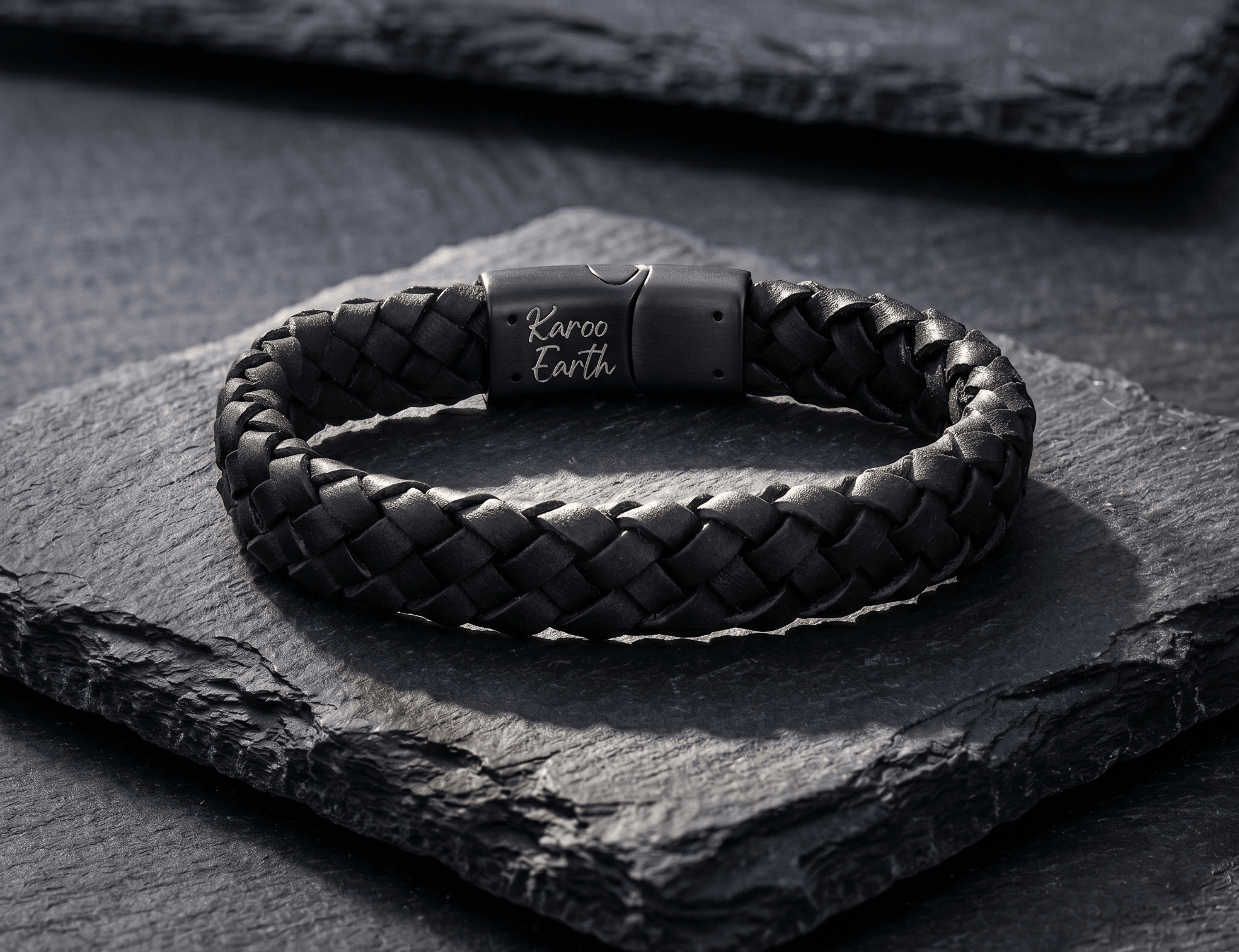 Black Braided Italian Leather Bracelet with Stainless Steel Magnetic Clasp + Extender Link - Karoo Earth