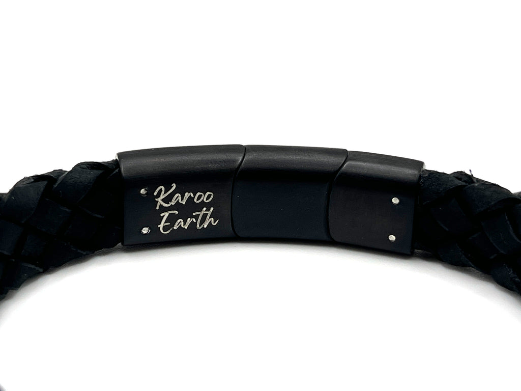 Black Braided Italian Leather Bracelet with Stainless Steel Magnetic Clasp + Extender Link - Karoo Earth