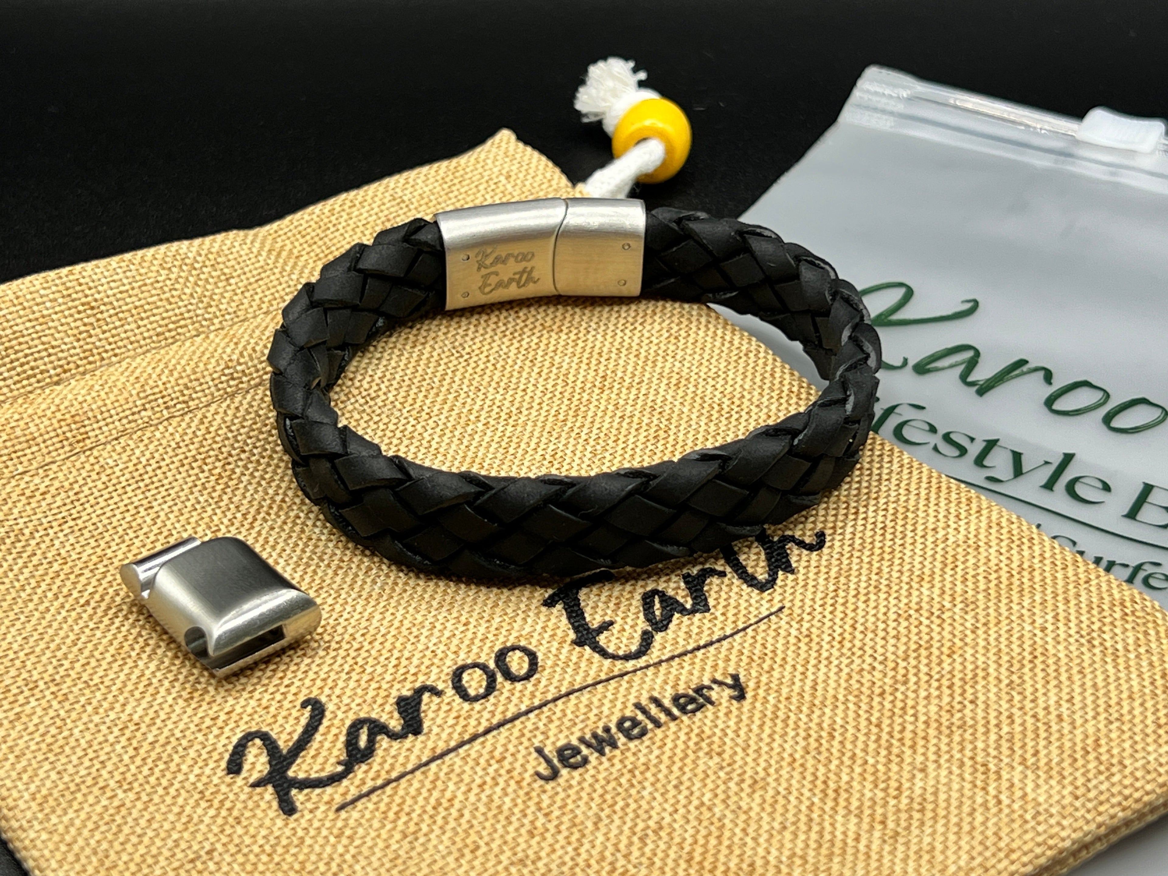 Black Braided Italian Leather Bracelet with Stainless Steel Magnetic Clasp + Extender Link - Karoo Earth