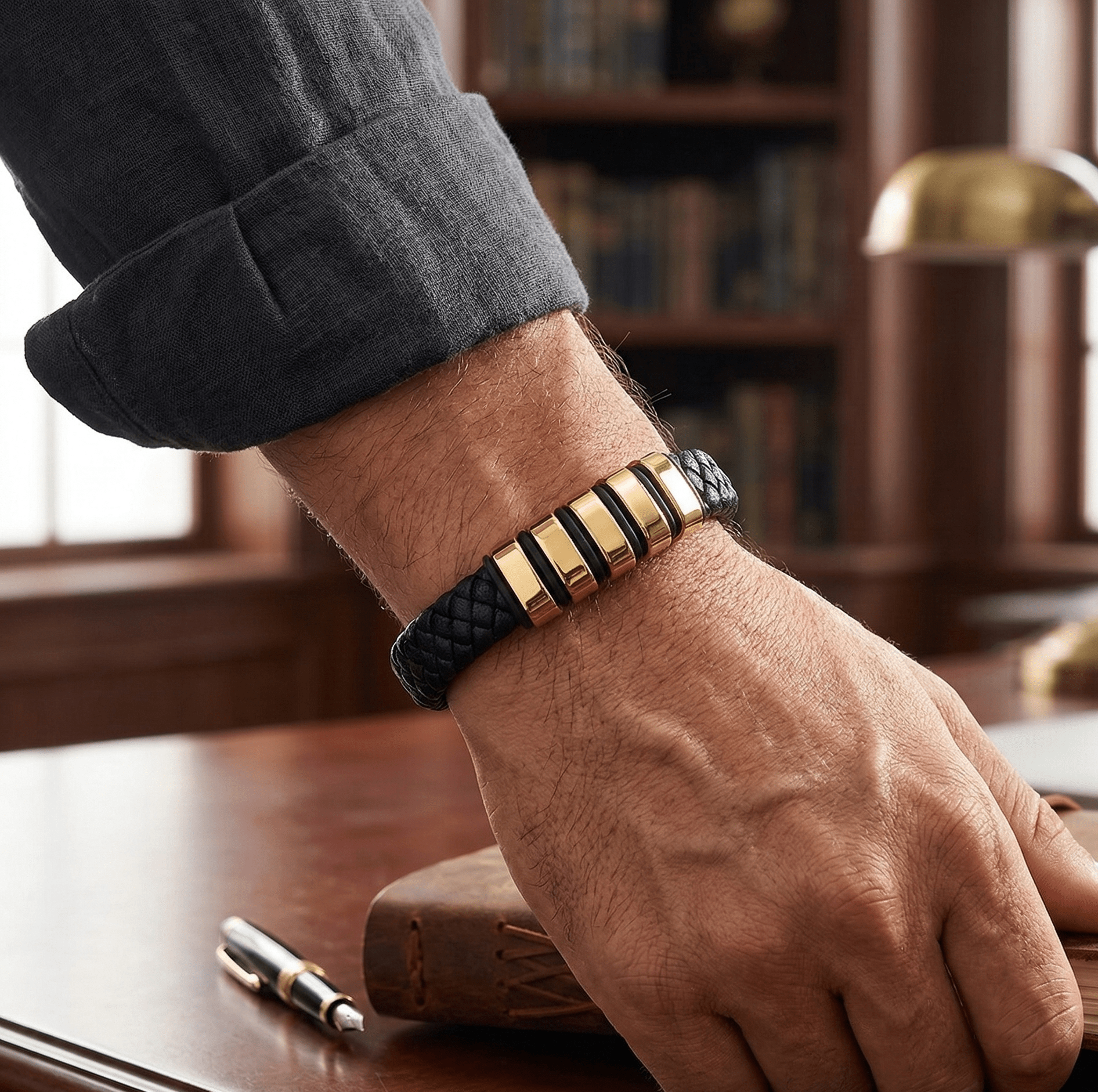 Black & Gold Leather Bracelet with extra link & Magnetic Clasp - Karoo Earth