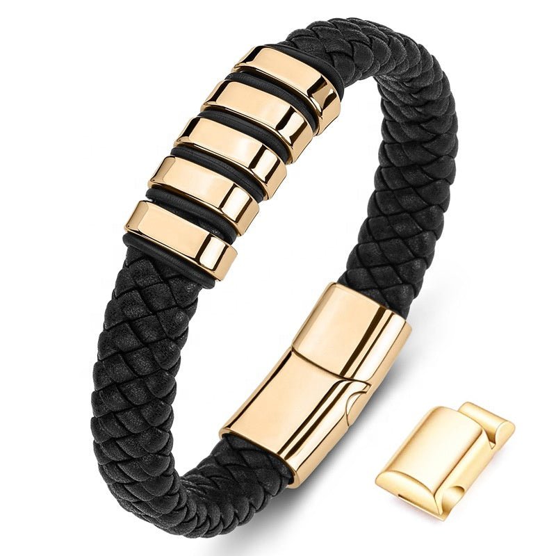 Black & Gold Leather Bracelet with extra link & Magnetic Clasp - Karoo Earth