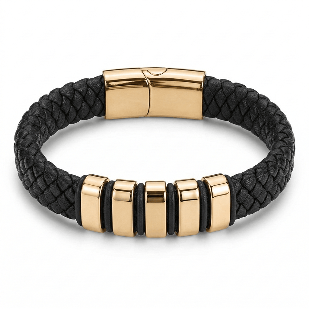 Black & Gold Leather Bracelet with extra link & Magnetic Clasp - Karoo Earth