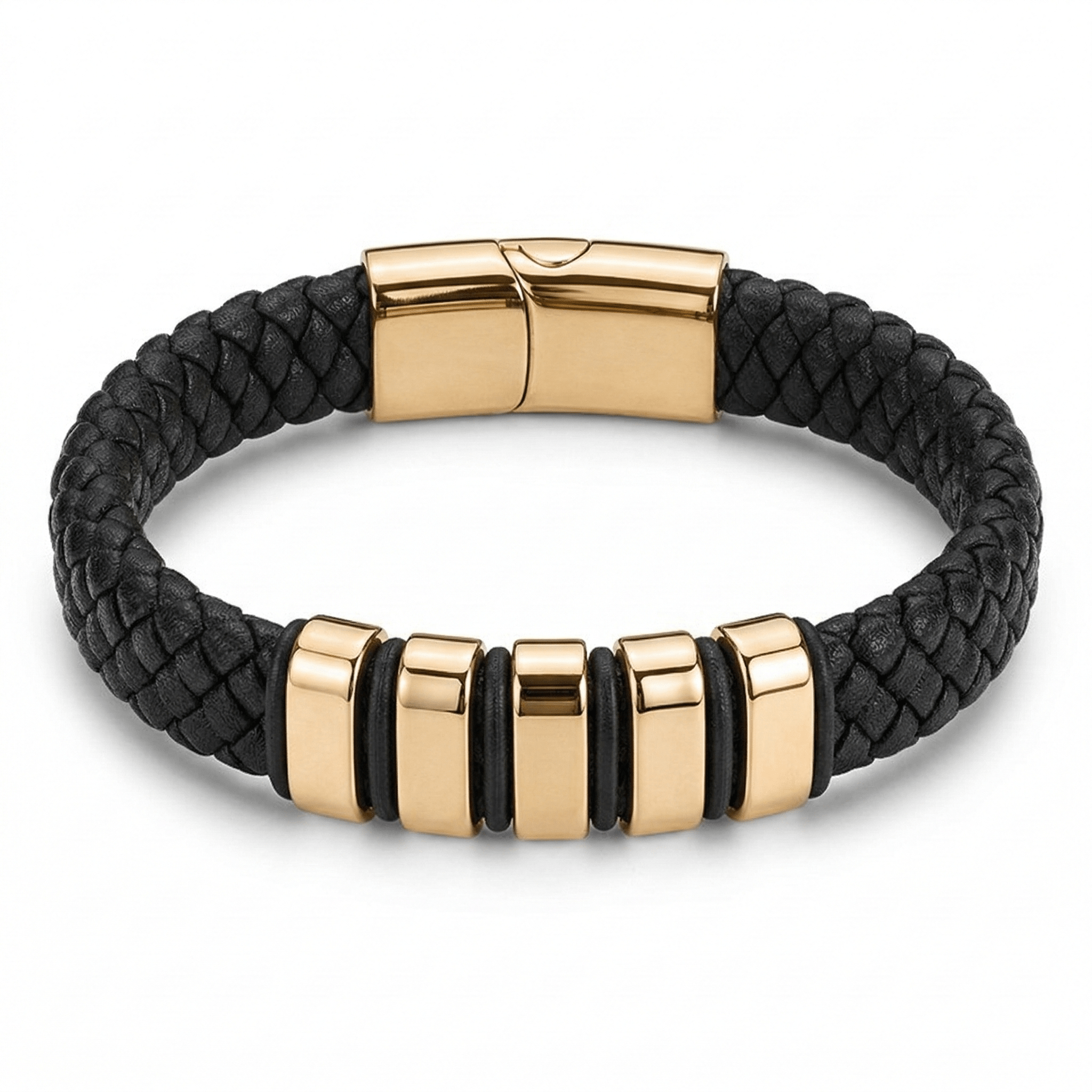 Black & Gold Leather Bracelet with extra link & Magnetic Clasp - Karoo Earth
