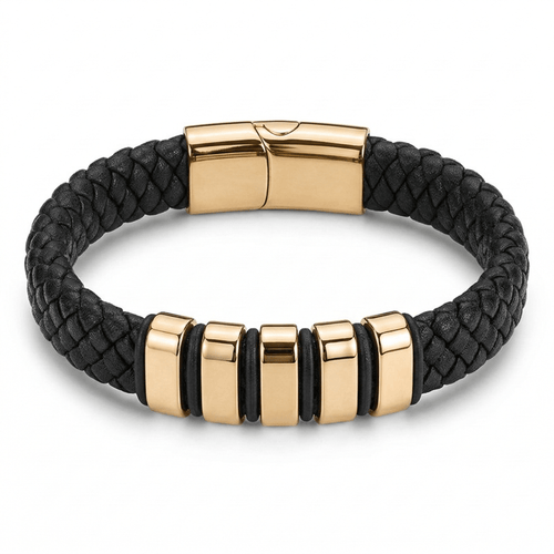 Black & Gold Leather Bracelet with extra link & Magnetic Clasp - Karoo Earth