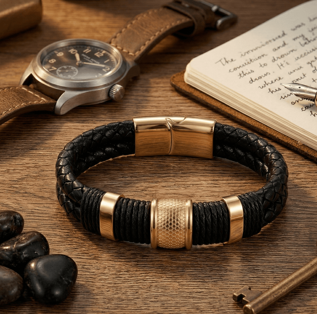 Black & Gold Woven Leather Bracelet with Magnetic Clasp - Karoo Earth