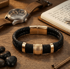 Black & Gold Woven Leather Bracelet with Magnetic Clasp - Karoo Earth